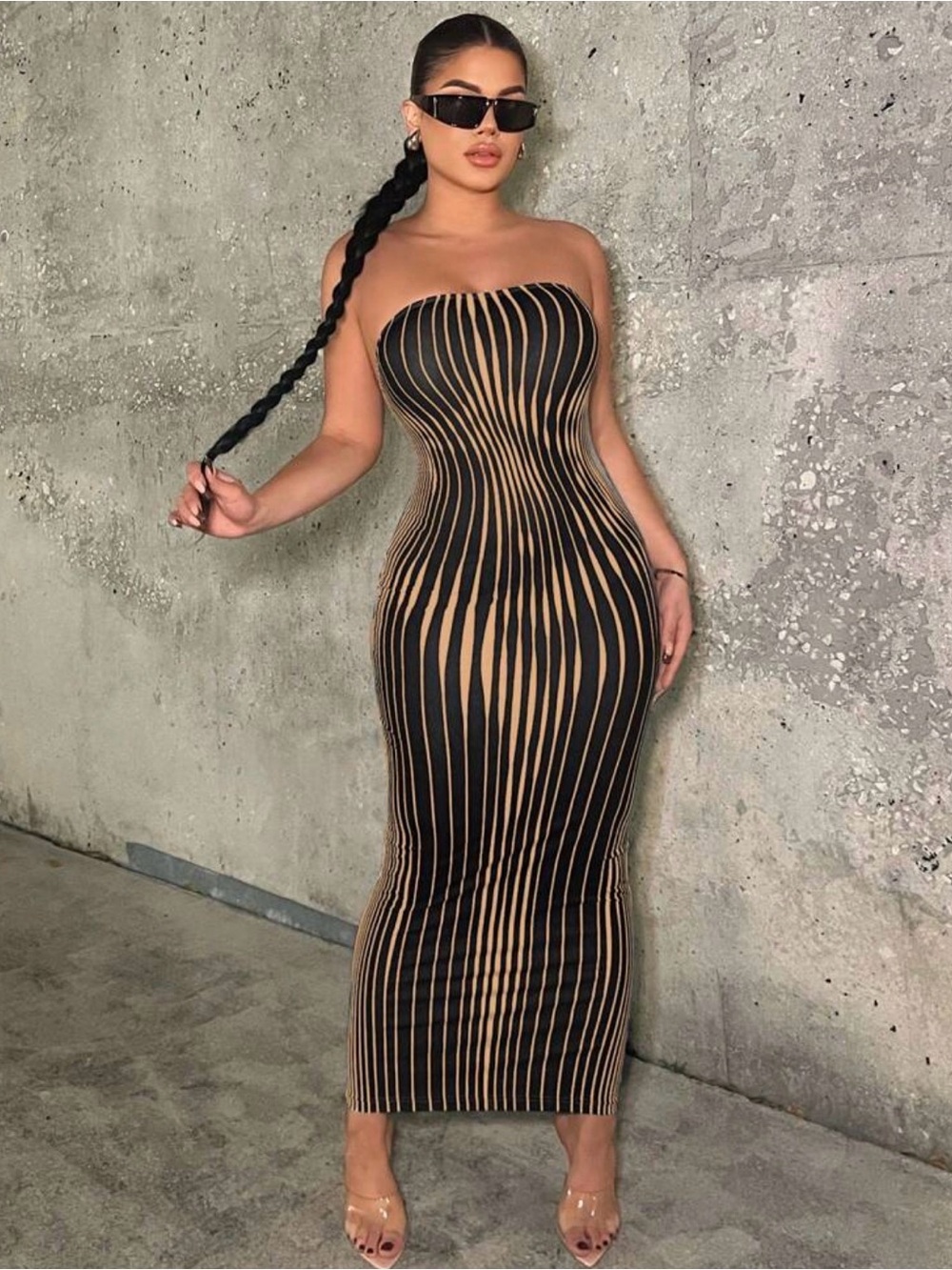 SHEIN Black & Nude Strapless Bodycon Midi Dress